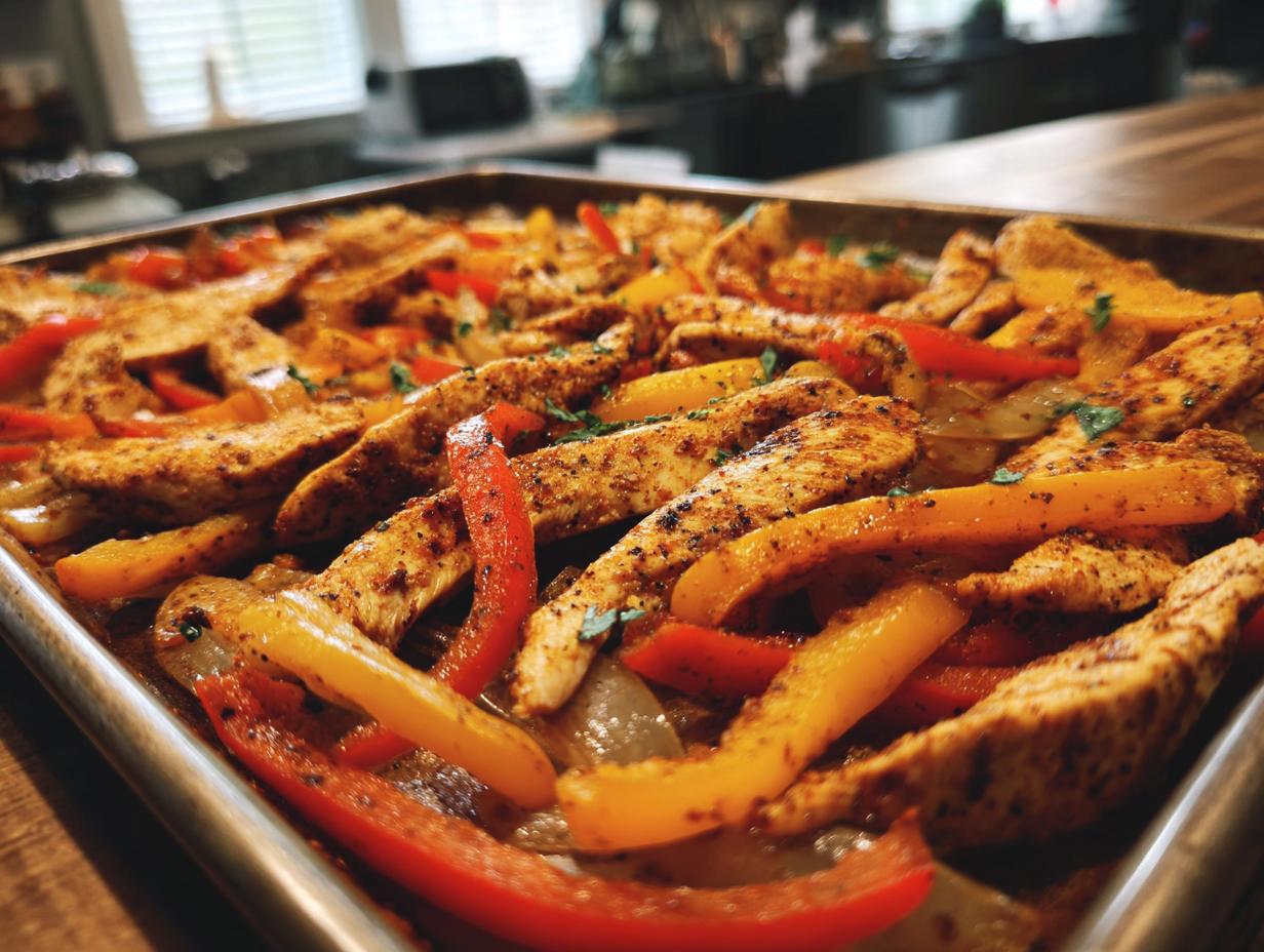 Close-up of colorful, seasoned sheet pan chicken fajitas with bell peppers and onions.