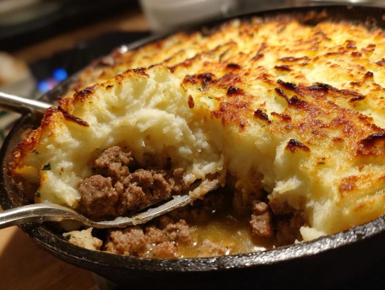 A hearty serving of Shepherd's Pie with a golden-brown mashed potato topping being scooped out with a fork.