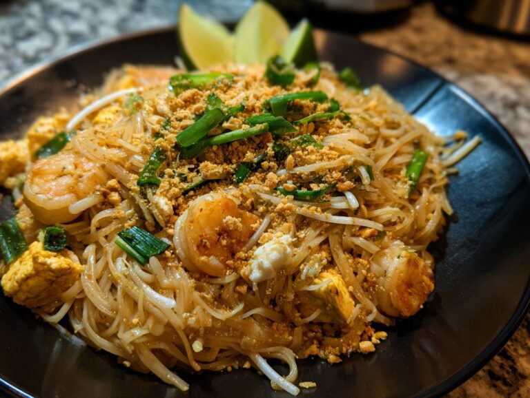 Close-up of a plate of Pad Thai noodles with shrimp, tofu, scrambled egg, green onions, and crushed peanuts.