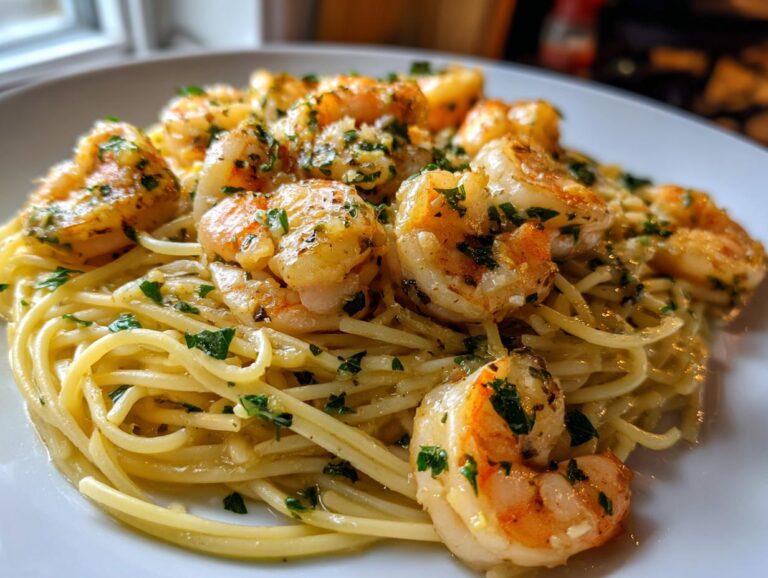 A close-up of a white plate filled with spaghetti topped with succulent shrimp scampi and fresh parsley.