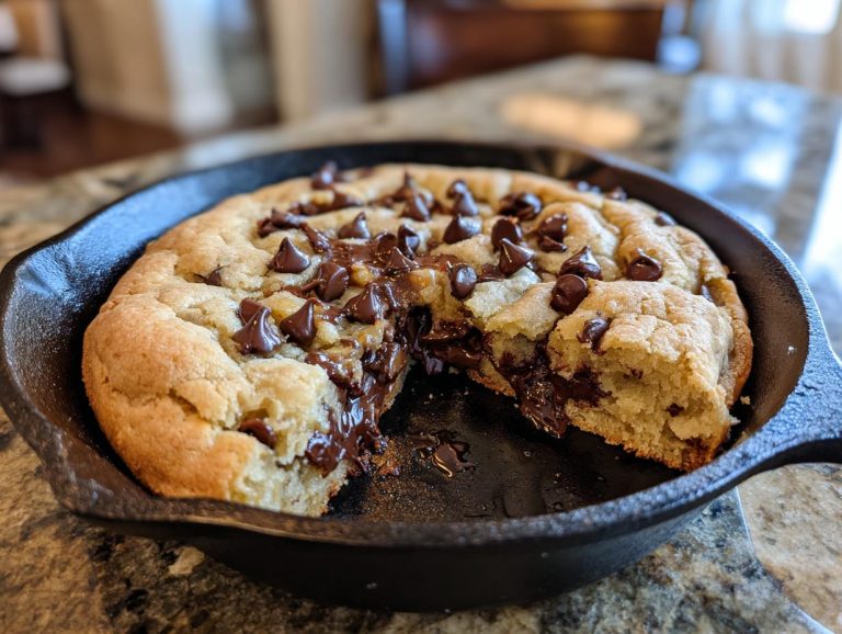 A warm, gooey skillet chocolate chip cookie with melted chocolate chips.