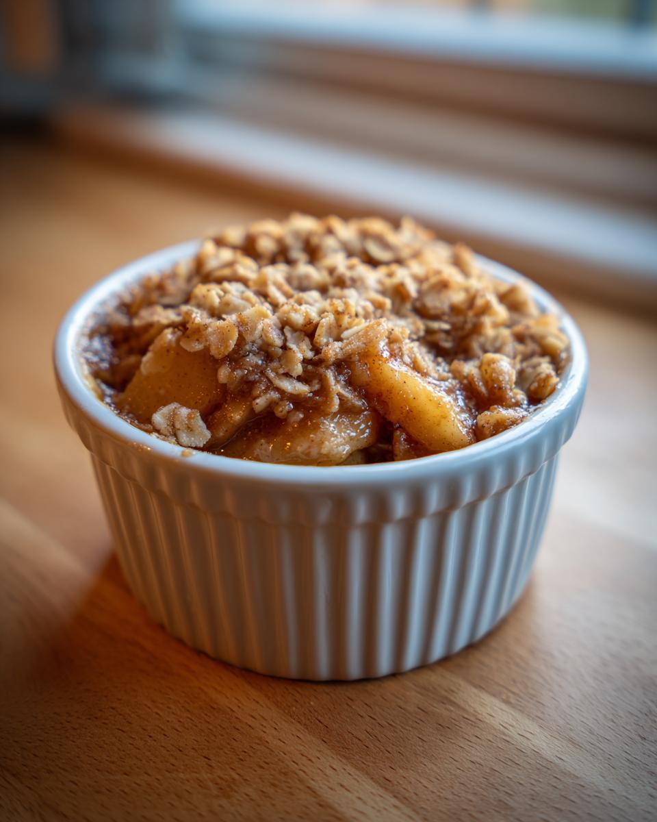 A close-up of warm slow cooker apple crisp in a white ramekin, topped with oats and cinnamon.