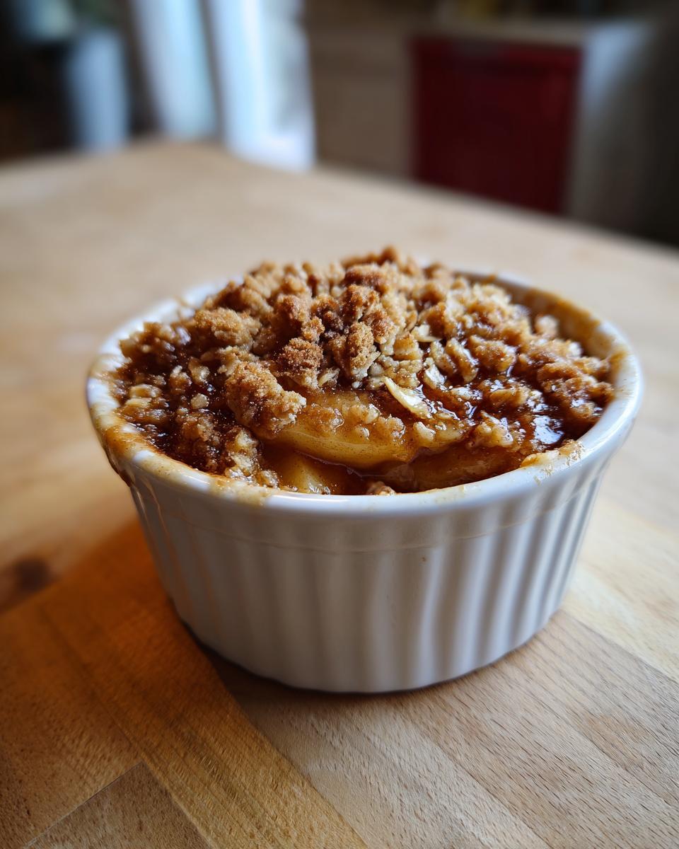 A close-up of a warm slow cooker apple crisp served in a white ramekin, topped with crunchy crumble.