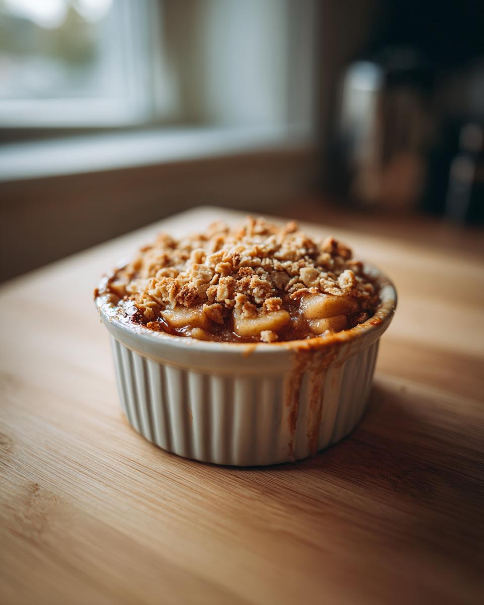 A close-up of a warm slow cooker apple crisp served in a white ramekin, topped with crumbly streusel.