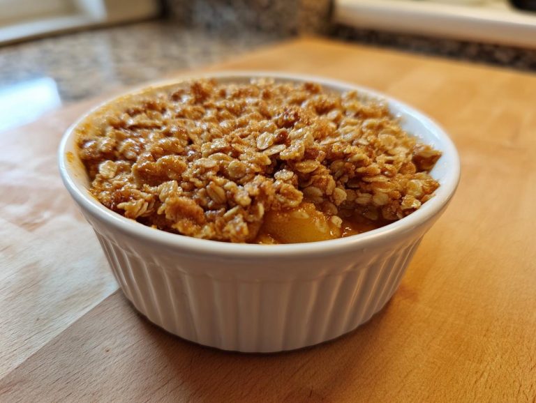 A close-up of a warm slow cooker apple crisp served in a white ramekin on a wooden surface.