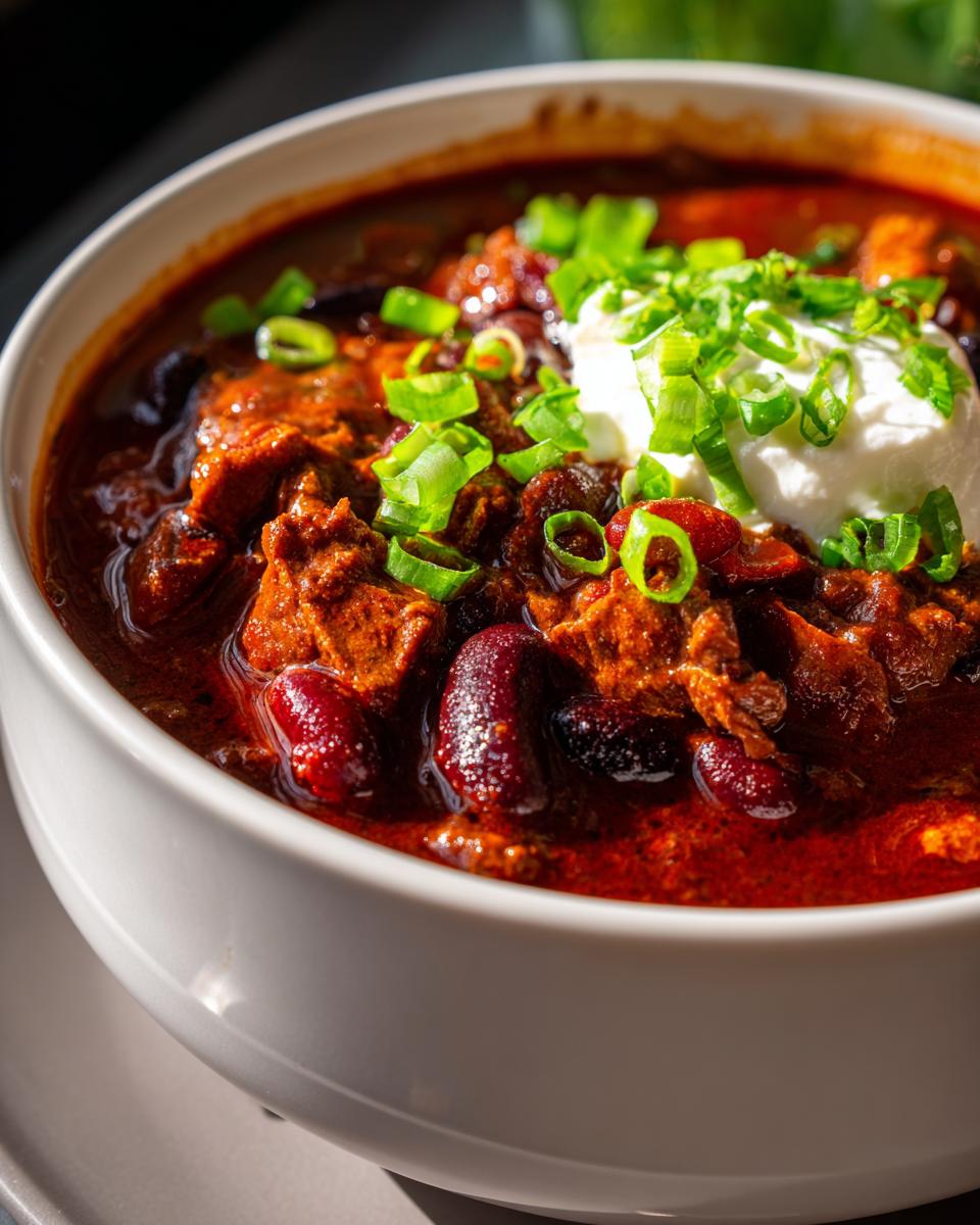 A close-up of a bowl of hearty slow cooker beef chili, topped with sour cream and chopped green onions.
