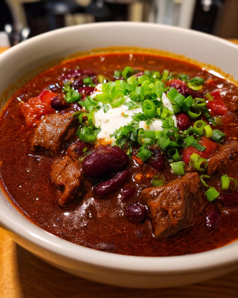 A close-up of a bowl of hearty slow cooker beef chili, topped with sour cream and green onions.