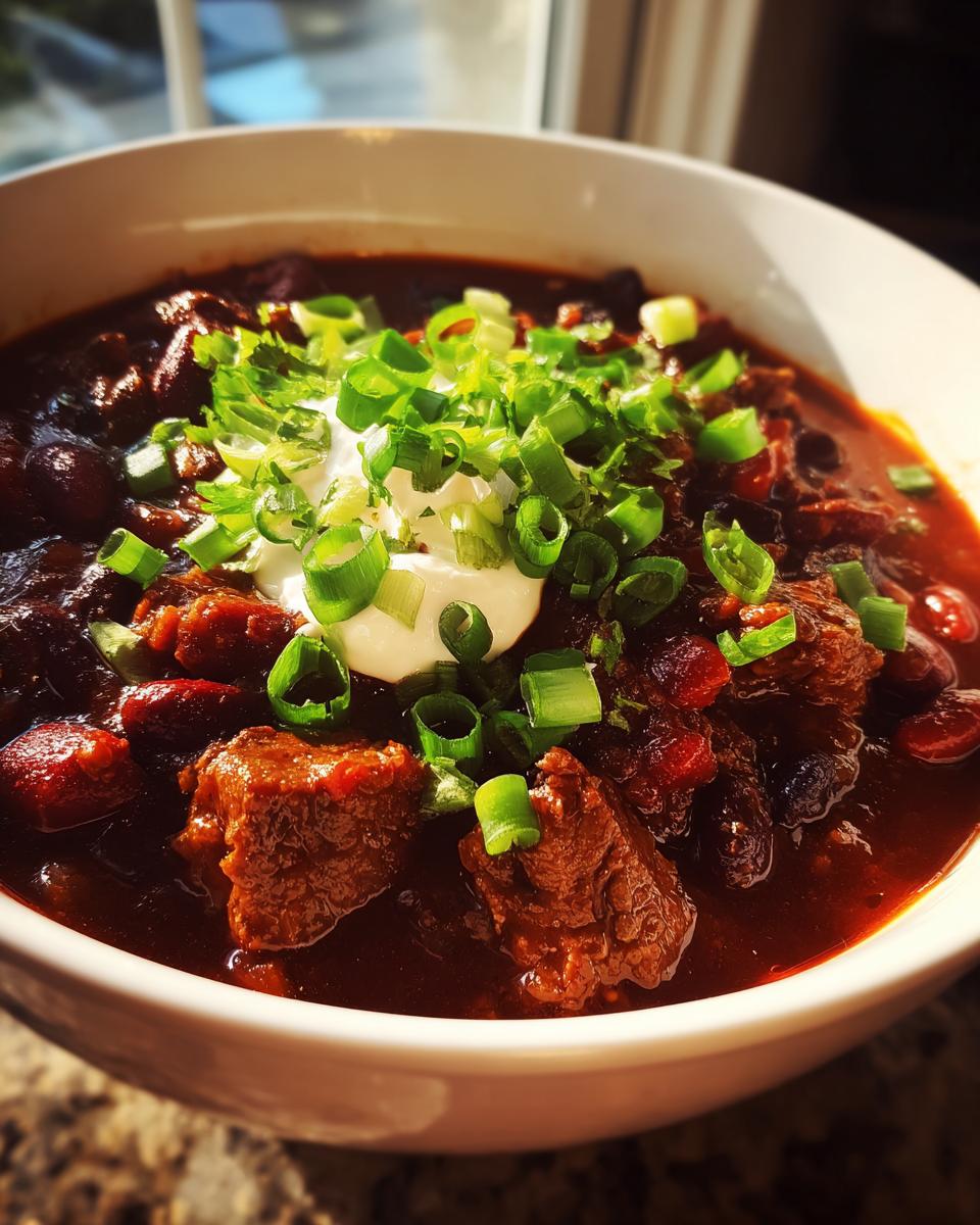 A close-up of a bowl of hearty slow cooker beef chili topped with sour cream and chopped green onions.