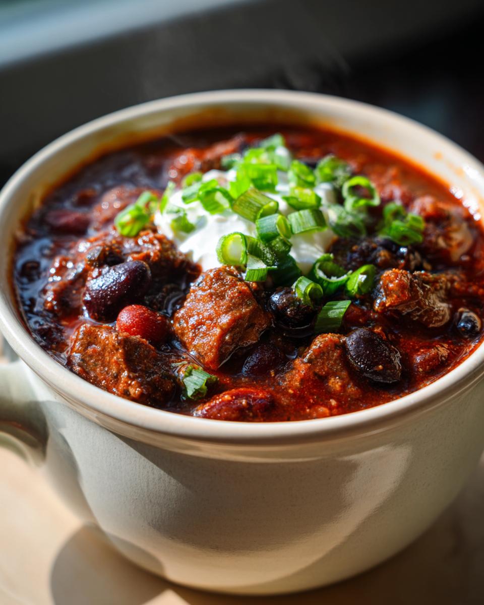 A close-up of a steaming bowl of hearty slow cooker beef chili, topped with sour cream and green onions.