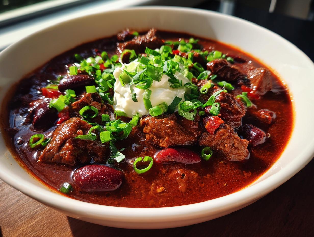 A close-up of a bowl of hearty slow cooker beef chili topped with sour cream and chopped green onions.
