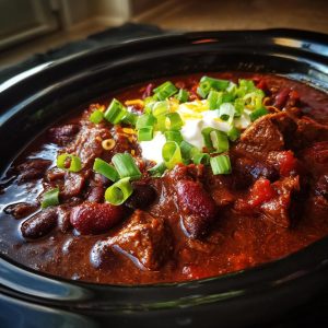 A close-up of hearty slow cooker beef chili topped with sour cream, shredded cheese, and chopped green onions.
