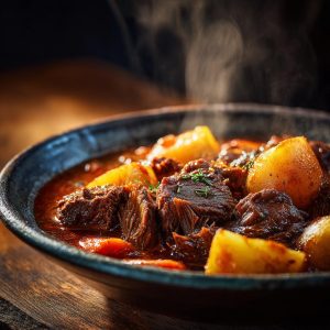 A steaming bowl of slow cooker beef stew, featuring tender chunks of beef and soft potatoes in a rich, savory broth.
