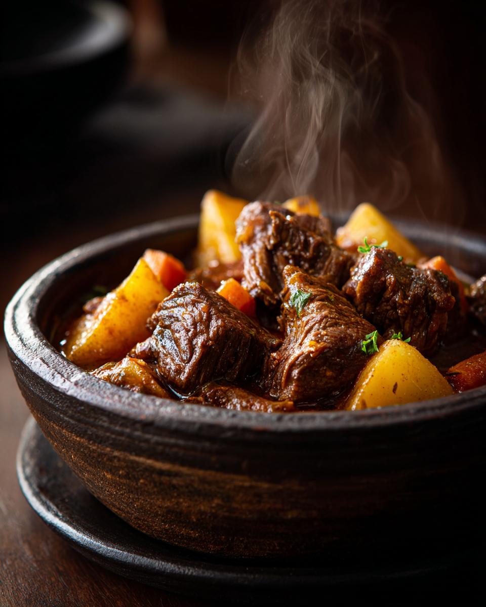A steaming bowl of hearty slow cooker beef stew, featuring tender chunks of beef, potatoes, and carrots.