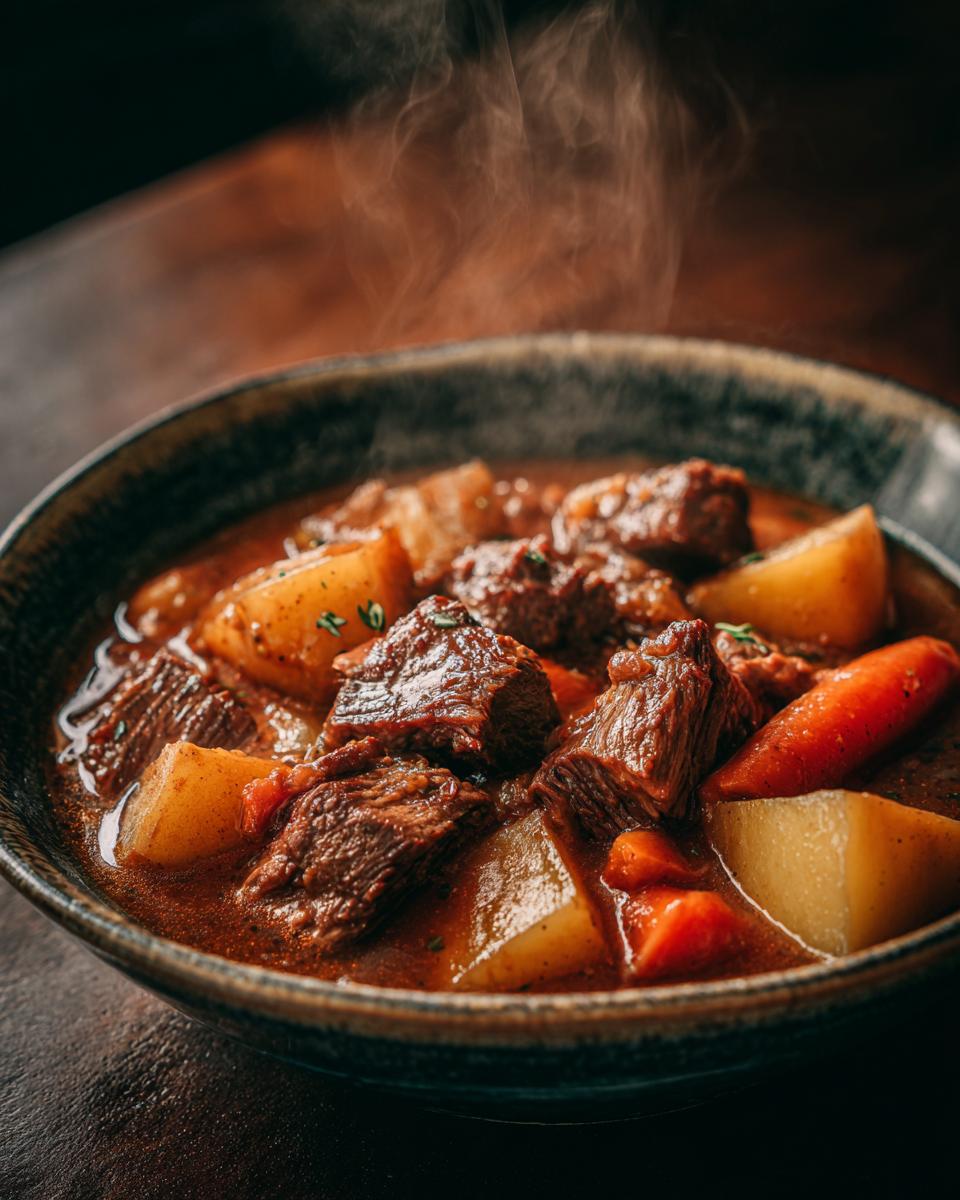 A steaming bowl of hearty slow cooker beef stew, featuring tender chunks of beef, potatoes, and carrots in a rich gravy.