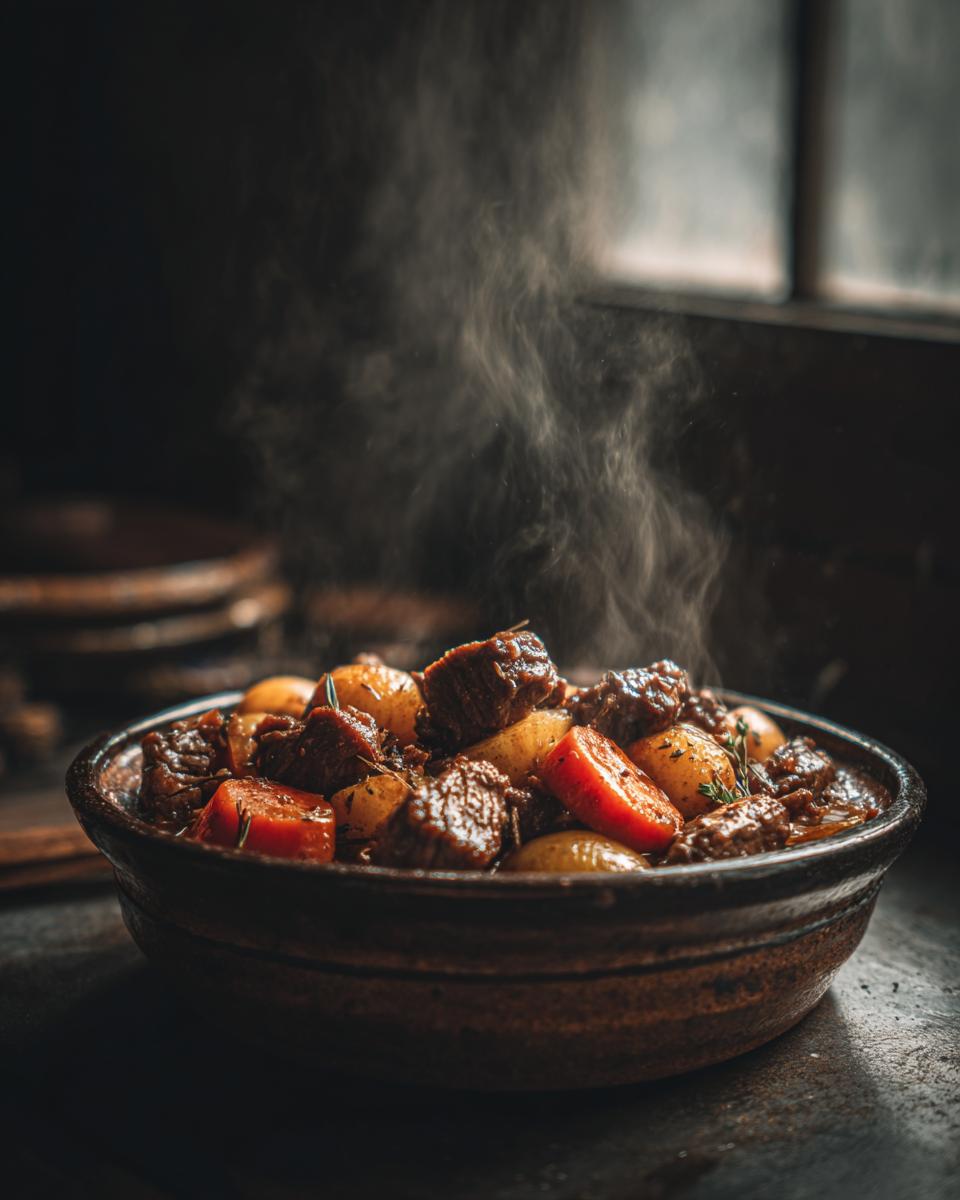 A steaming bowl of hearty slow cooker beef stew with tender beef chunks, potatoes, and carrots.