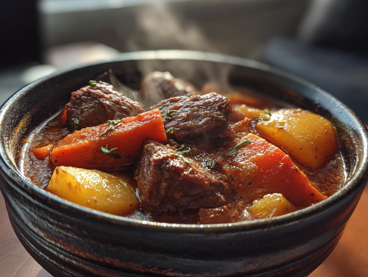A close-up of a steaming bowl of Slow Cooker Beef Stew, featuring tender beef chunks, carrots, and potatoes in a rich broth.
