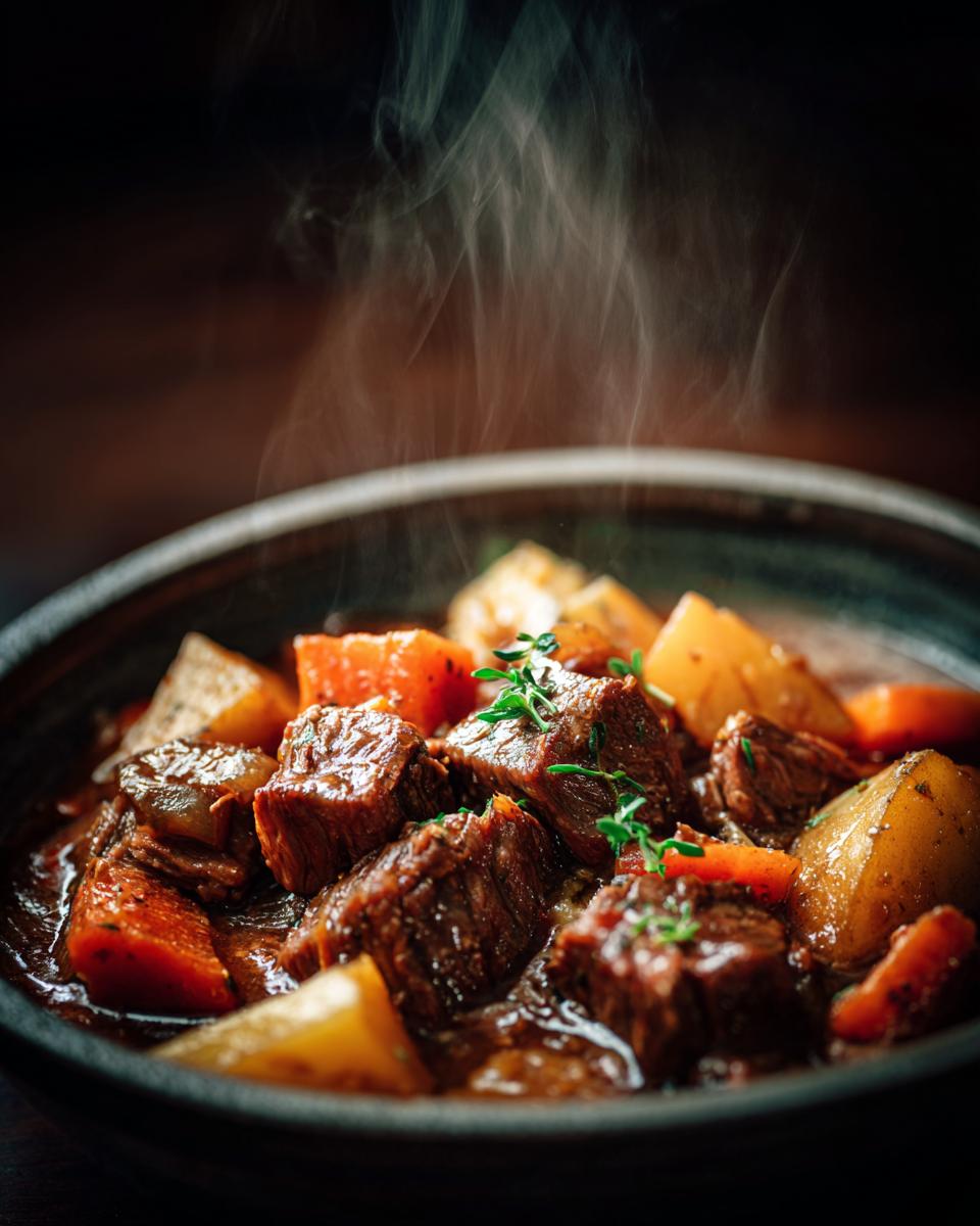 A steaming bowl of slow cooker beef stew, featuring tender chunks of beef, carrots, and potatoes, garnished with fresh thyme.
