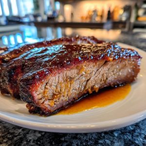A close-up of a succulent slice of slow cooker brisket, coated in a rich, glossy glaze.