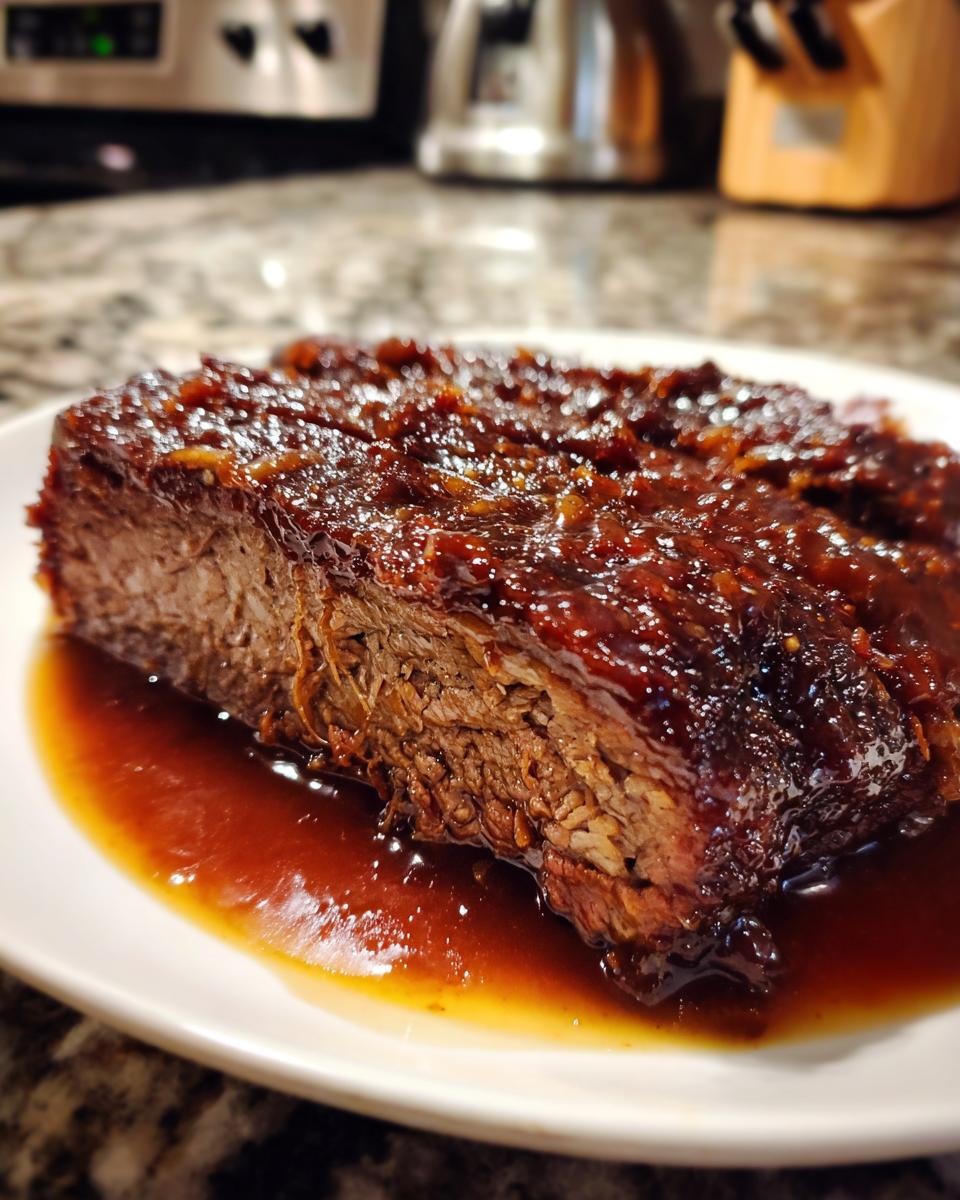 A close-up of a tender slice of slow cooker brisket coated in a rich, glossy glaze, served on a white plate.