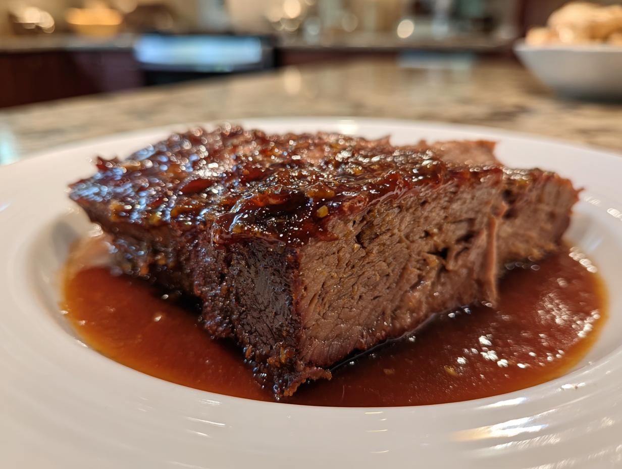 A close-up of tender slow cooker brisket, coated in a rich, glossy glaze and served in its own juices.