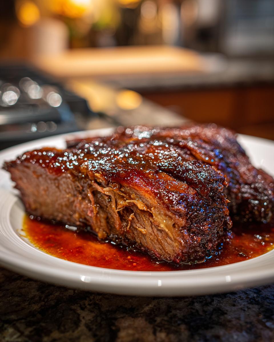 A close-up of a tender slice of slow cooker brisket, coated in a rich, glossy sauce.