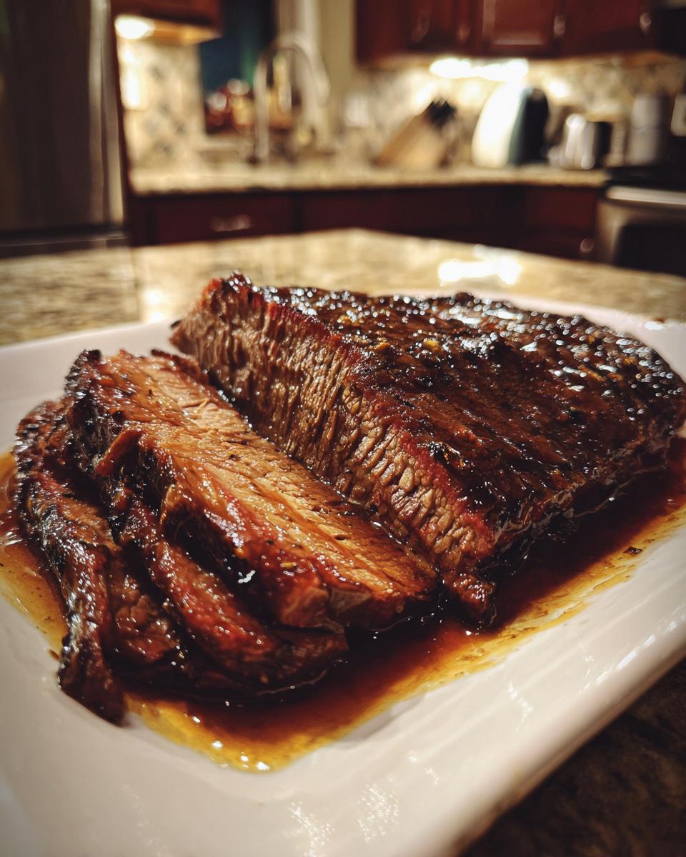 Close-up of tender, juicy slices of slow cooker brisket on a white plate with rich sauce.