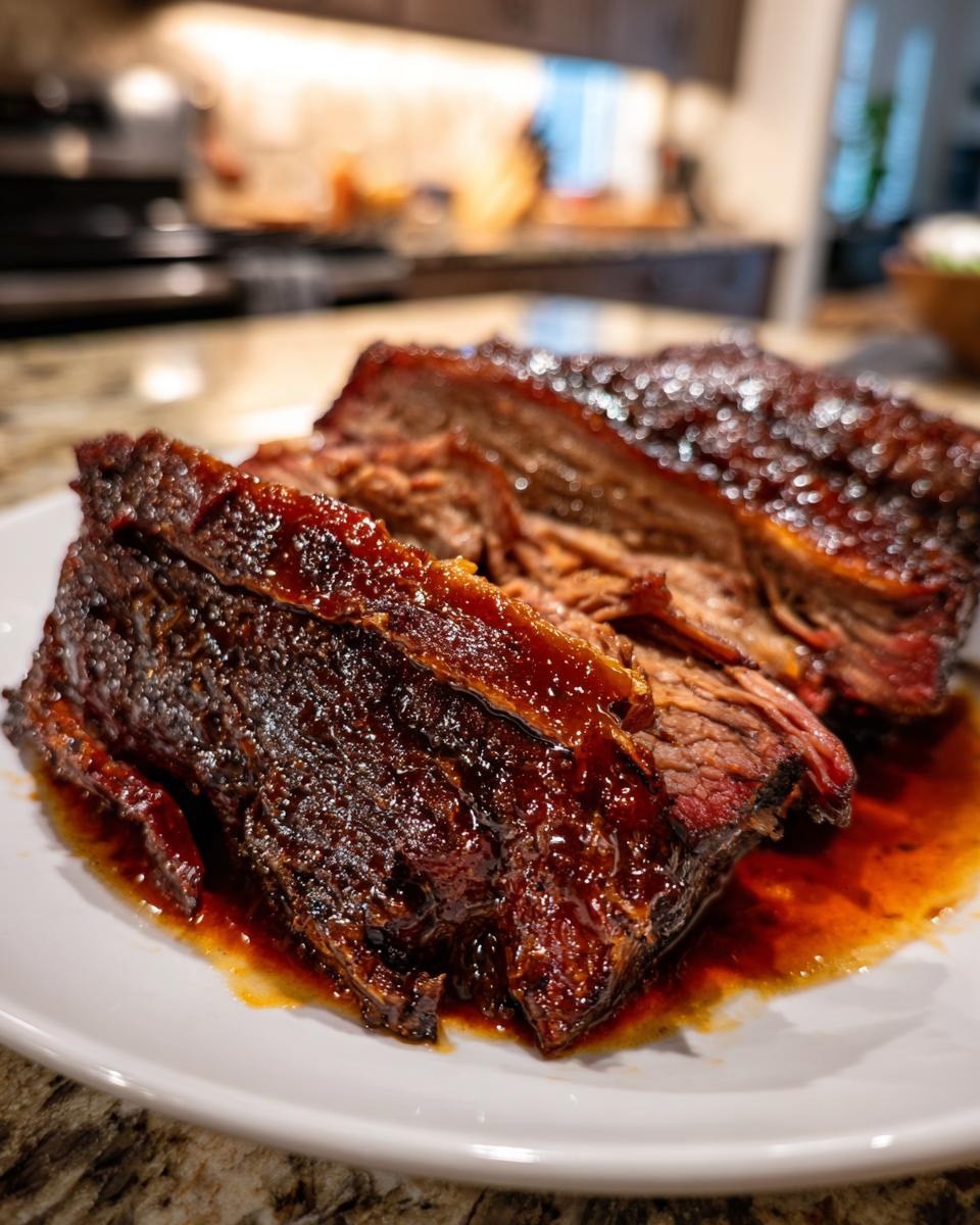 Close-up of tender, juicy slow cooker brisket slices coated in a rich glaze on a white plate.