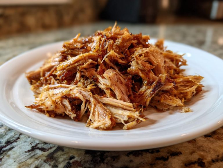 A close-up of perfectly shredded slow cooker carnitas piled high on a white plate, showcasing its crispy edges.