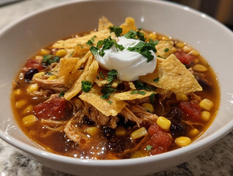 A hearty bowl of slow cooker chicken tortilla soup topped with sour cream, tortilla chips, and cilantro.