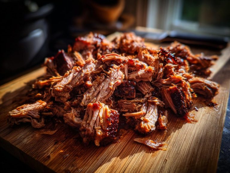 A close-up of tender, shredded slow cooker pulled pork piled on a wooden cutting board.