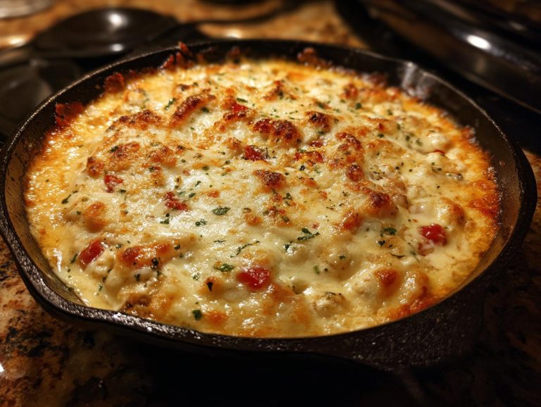 Close-up of a bubbling, cheesy slow cooker queso dip served in a cast iron skillet, topped with herbs.