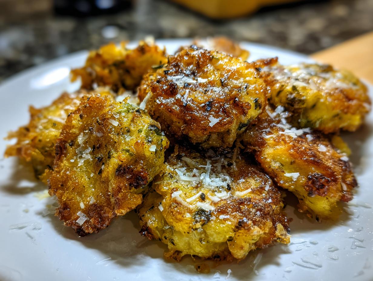 A close-up of golden-brown smashed Brussels sprouts, sprinkled with grated Parmesan cheese and herbs.