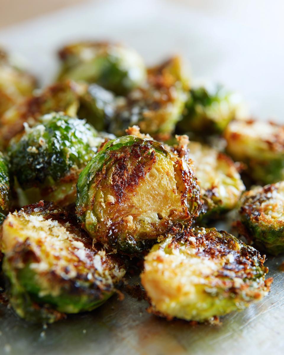 Close-up of crispy smashed Brussels sprouts sprinkled with Parmesan cheese.