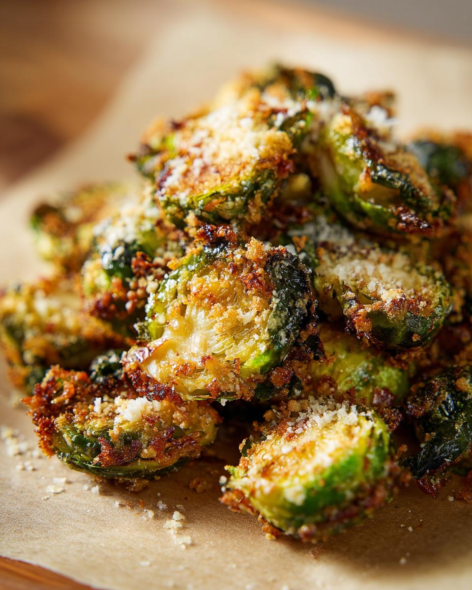 Close-up of crispy smashed Brussels sprouts topped with grated Parmesan cheese.