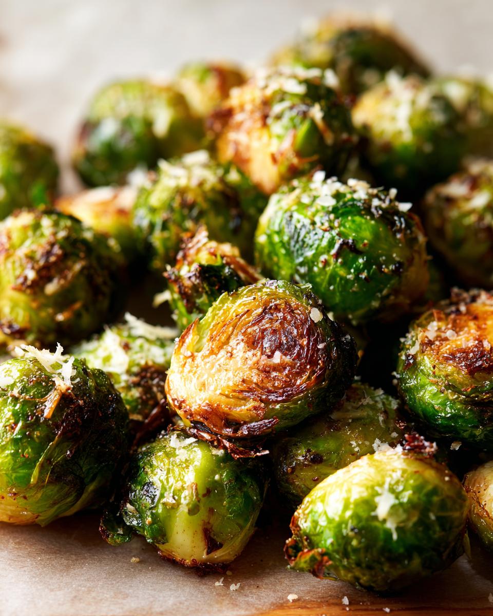 Close-up of crispy smashed Brussels sprouts sprinkled with Parmesan cheese.