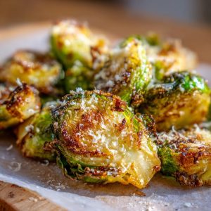 Close-up of crispy smashed Brussels sprouts topped with grated Parmesan cheese.