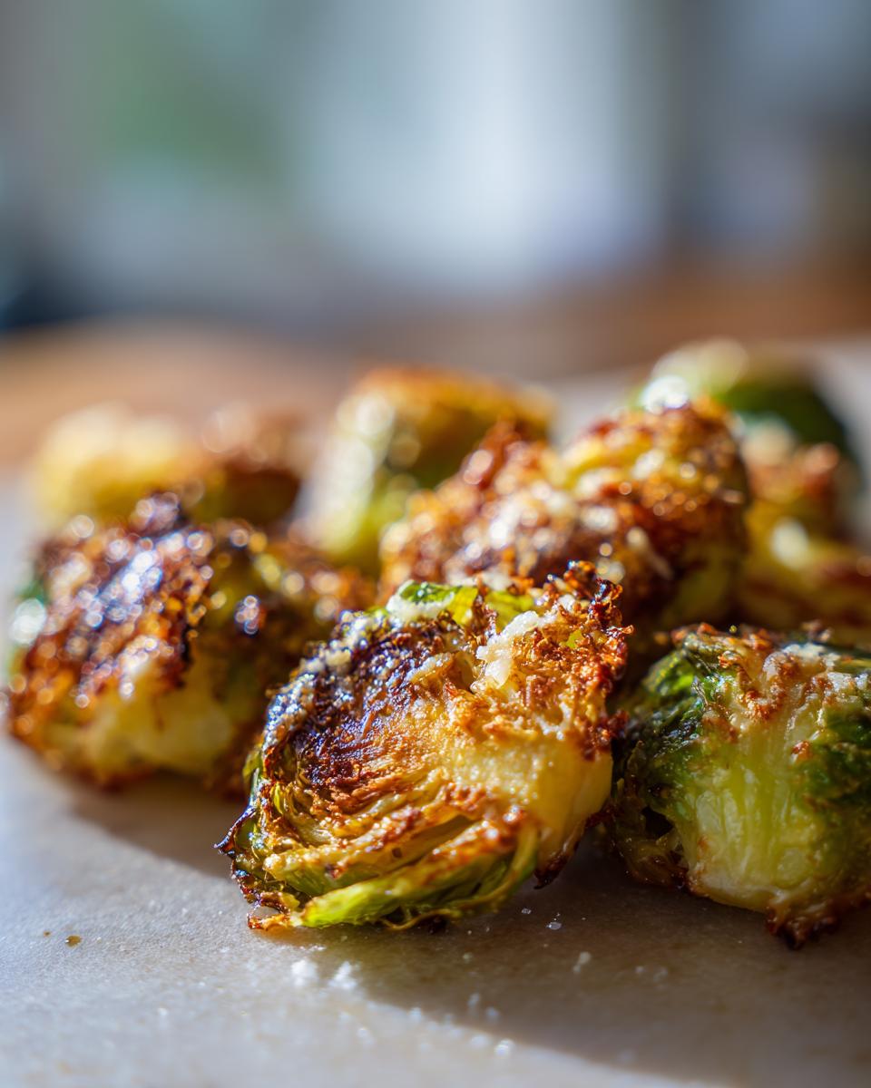 Close-up of crispy smashed Brussels sprouts sprinkled with Parmesan cheese.