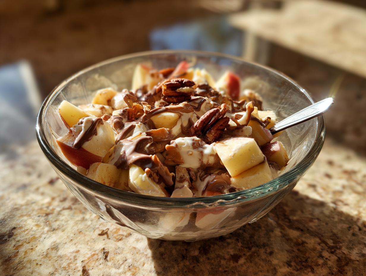 A close-up of a glass bowl filled with a creamy Snickers salad, featuring chopped apples, bananas, pecans, and a chocolate drizzle.