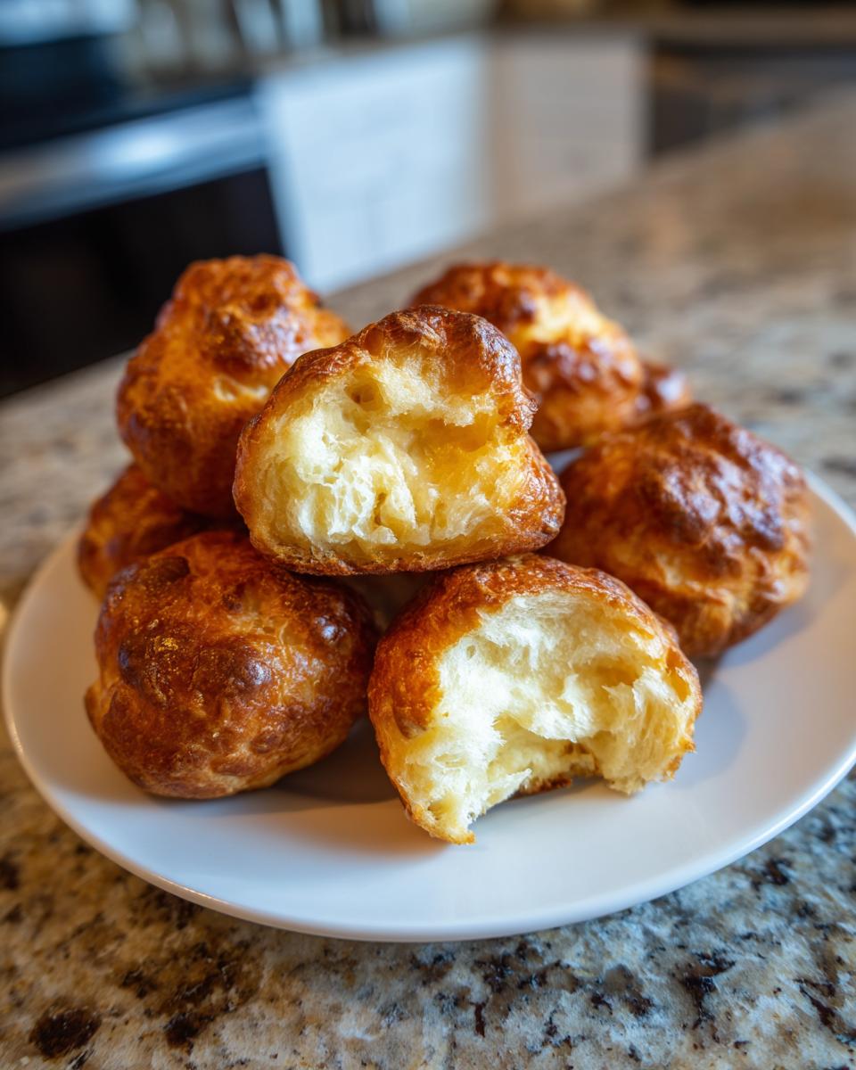A close-up of a pile of golden-brown soft pretzel bites on a white plate, one bite is broken open.