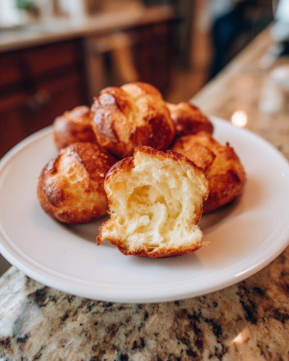 A close-up of golden-brown soft pretzel bites on a white plate, one is broken open showing a fluffy interior.