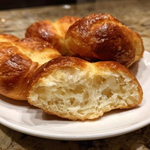 A close-up of chewy soft pretzel bites on a white plate, with one bite broken open to show its airy interior.