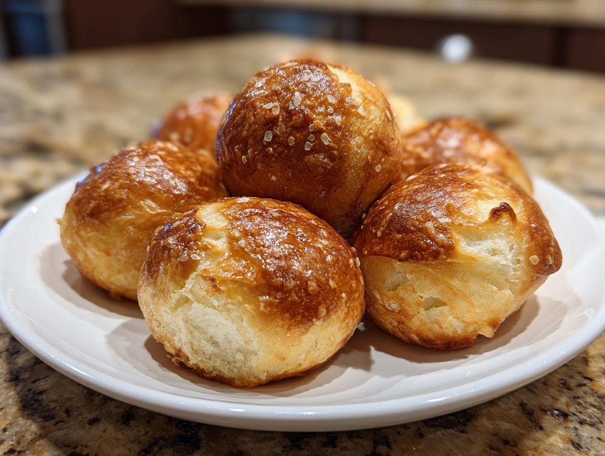 A close-up of golden brown soft pretzel bites sprinkled with coarse sea salt on a white plate.