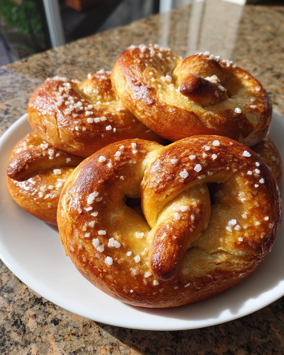 A plate of freshly baked soft pretzels, generously sprinkled with coarse salt, ready to be enjoyed.