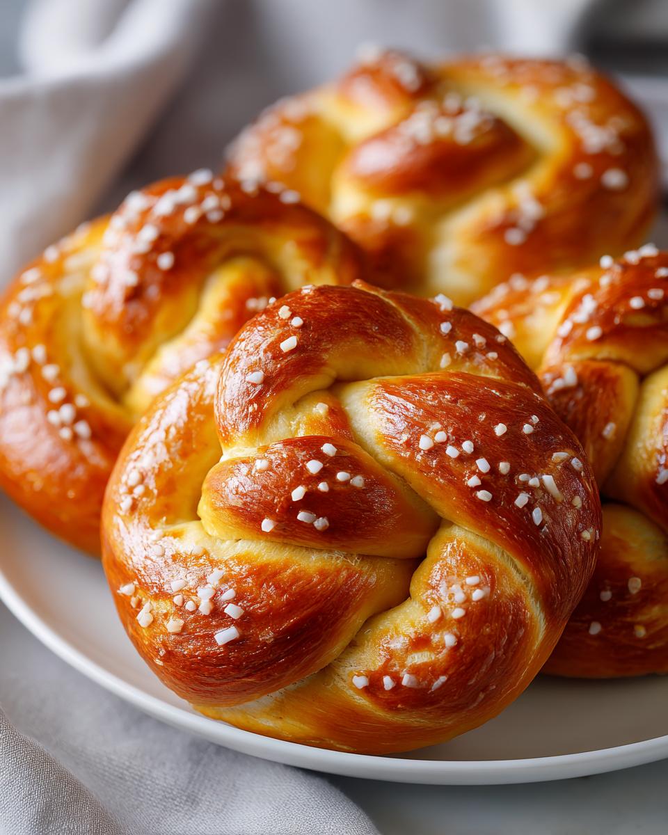 A close-up of several golden-brown soft pretzels topped with coarse salt, arranged on a white plate.