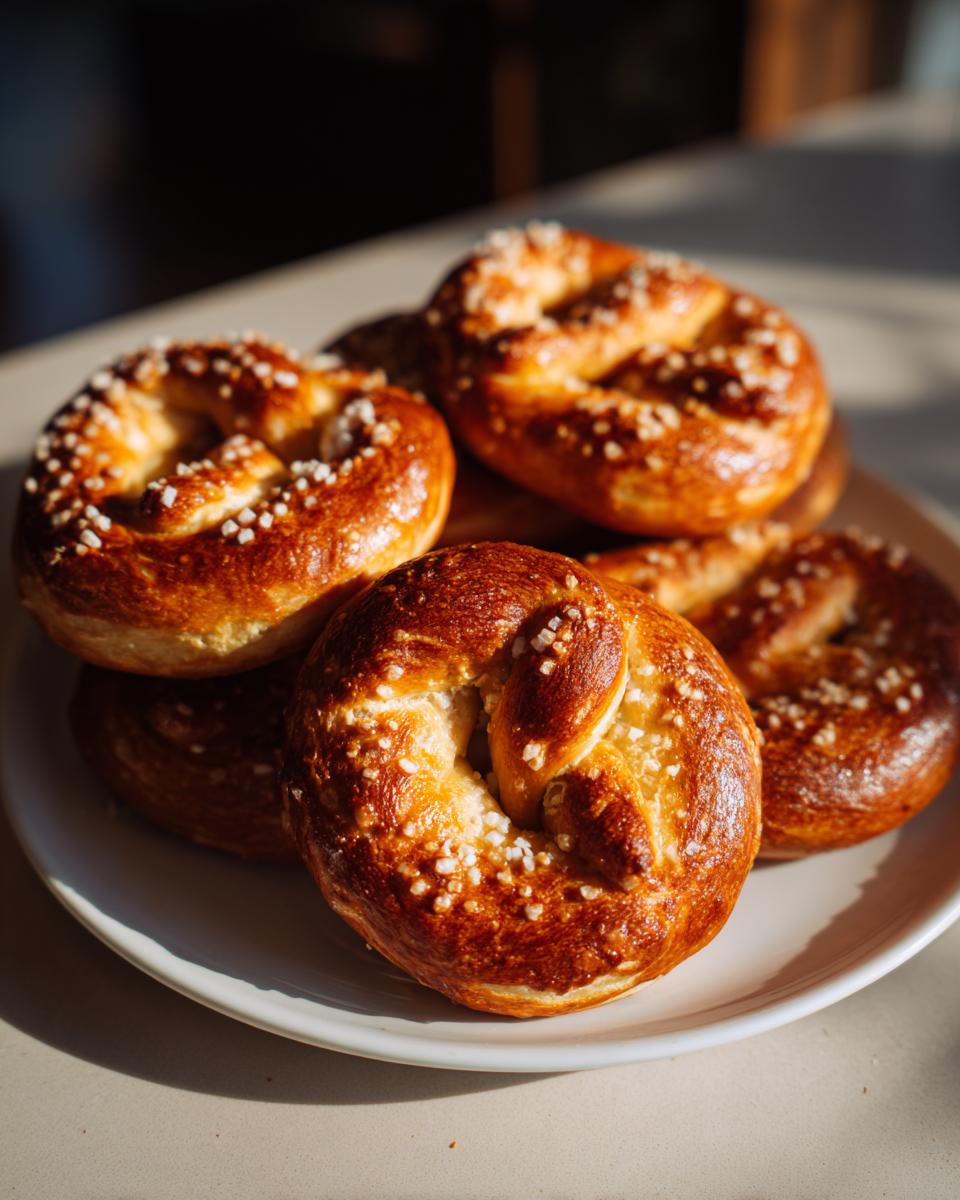 A close-up of several golden-brown soft pretzels sprinkled with coarse salt, piled on a white plate.