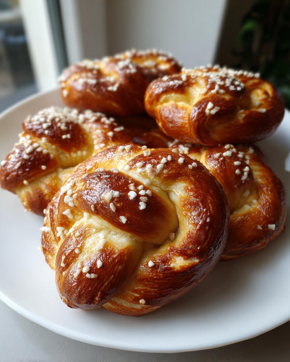 A close-up of several golden-brown soft pretzels topped with pearl sugar on a white plate.