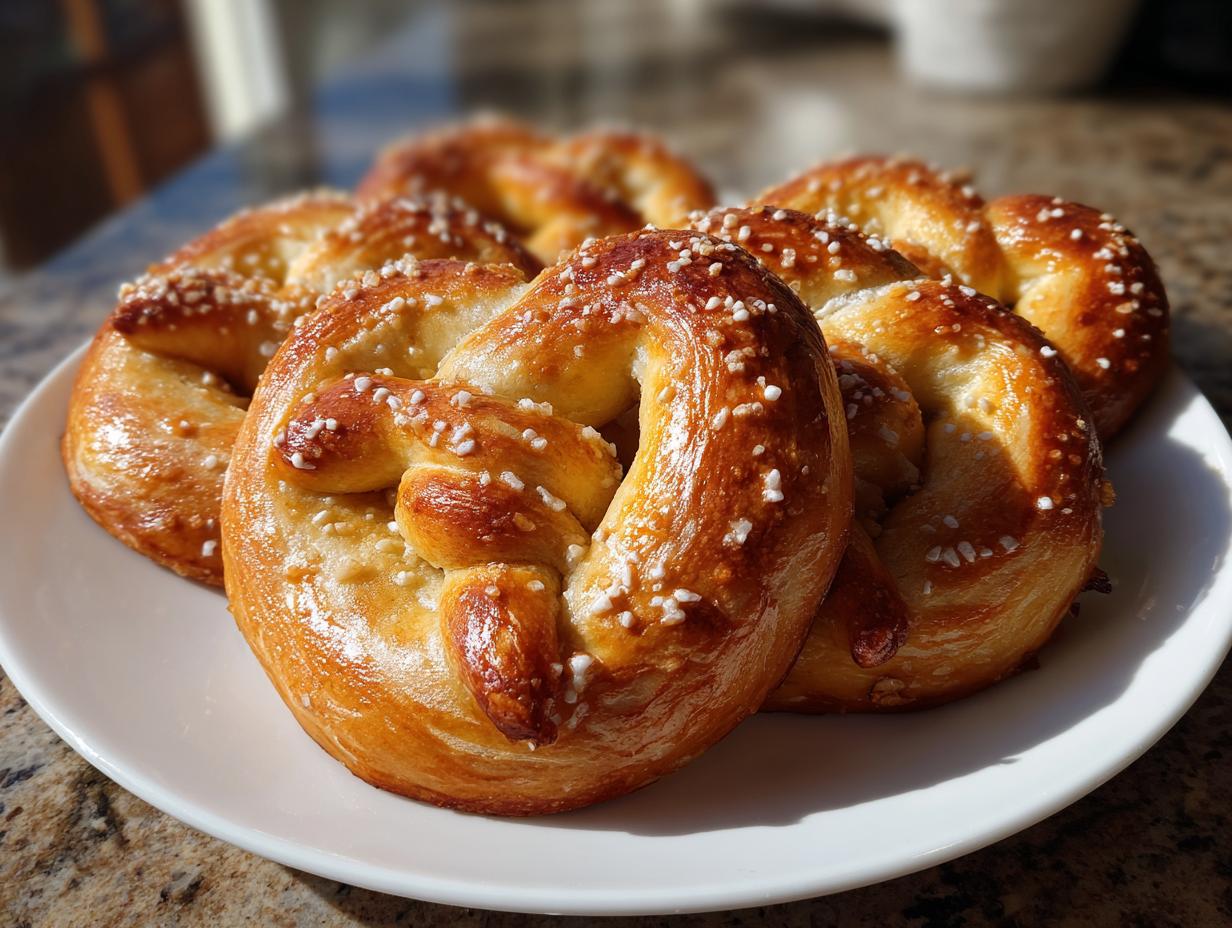 A plate of freshly baked soft pretzels, golden brown and sprinkled with coarse salt.