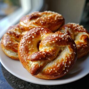 A close-up of several golden brown soft pretzels sprinkled with coarse sea salt, arranged on a white plate.