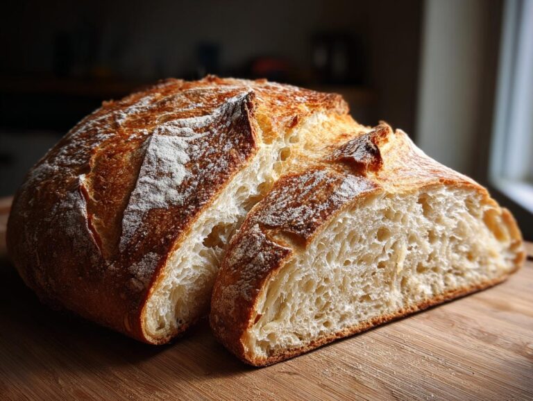 A close-up shot of a freshly baked sourdough bread loaf, sliced to reveal its airy crumb and golden crust.