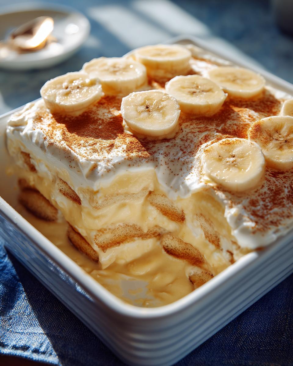 A close-up of Southern banana pudding in a white dish, topped with whipped cream, cinnamon, and sliced bananas.